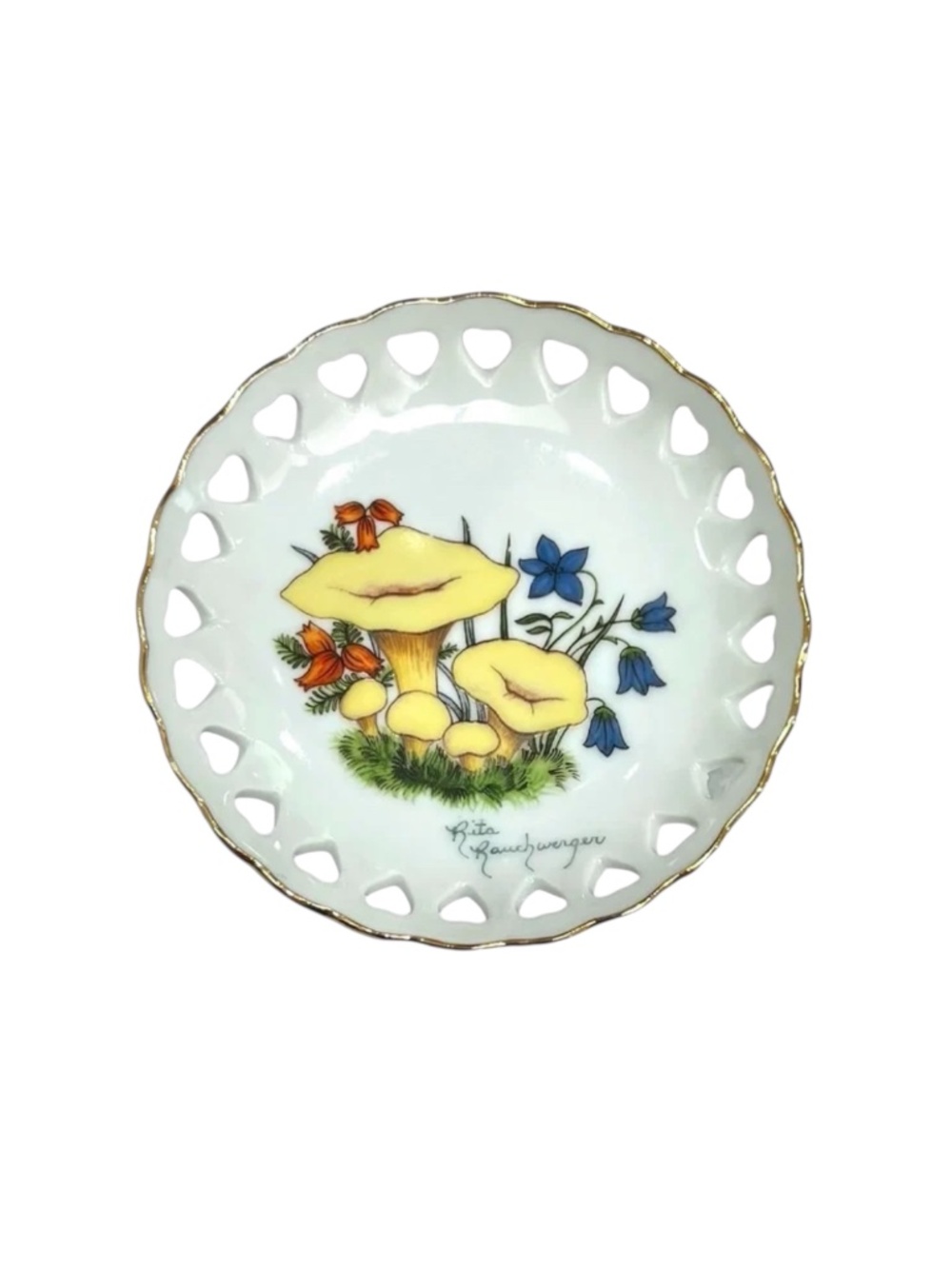 VINTAGE 1960s PORCELAIN TRINKET DISH WITH HAND PAINTED FLOWERS & HEART CUTOUTS